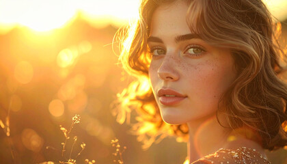 Fototapeta premium Portrait of curly-haired woman at golden hour