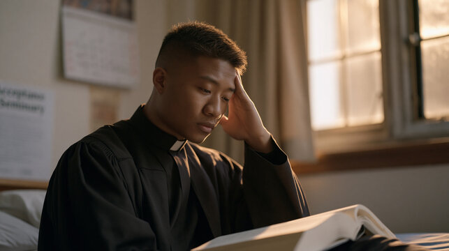 Young seminarian sits alone in dormitory room at night, open theology textbook in lap, hand pressing temple in exhausted uncertainty, wall calendar and acceptance letter from