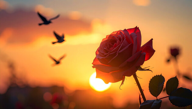 Rose flower and birds at bright sunset sky