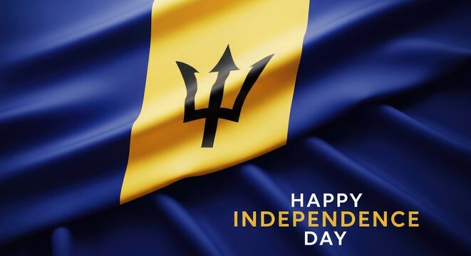 Barbados national flag waving with independence day greeting caribbean island symbolism