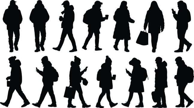 Collection of walking people silhouettes wearing winter clothes coats and hats carrying shopping bags and backpacks