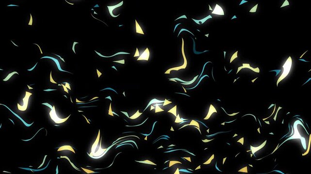 Abstract digital art features bright yellow shards and cyan wavy lines on a dark background, perfect for modern designs. Suitable for digital backgrounds and technology themed projects.