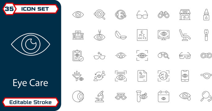 VisionLine Eye Care and Ophthalmology Outline Icon Set Editable Stroke Vector Illustration