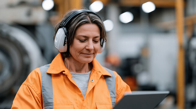 Audiologist conducting noise dosimetry assessment for factory grinding department workers, occupational hearing conservation program, industrial noise safety compliance, twilight