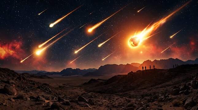 Meteors exploding over dark landscape at night