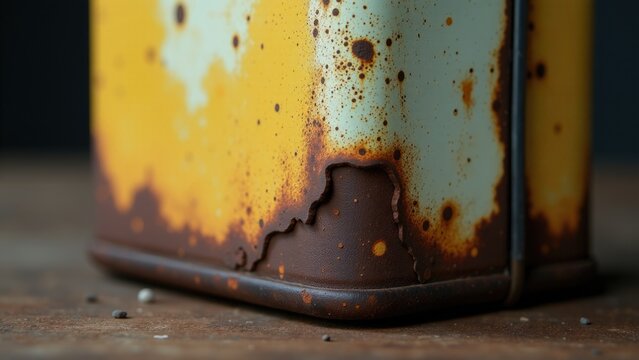 A rusty old container sits atop a wooden table, perfect for rustic or industrial-themed uses such as background decor or prop photography