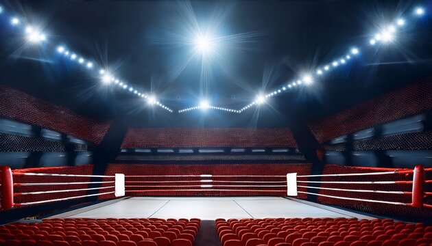 epic shot of empty boxing ring under spotlight located in a large arena with red seats referee s table in place banner with text the fight displayed dark background