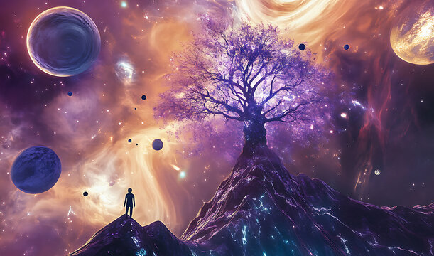 Surreal cosmic landscape with a lone silhouette standing on a mountain looking at a giant purple tree of life and planets