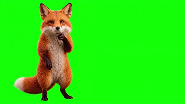Realistic 3D fox touching chin in a deep thinking and analyzing gesture, thoughtful problem solving and careful decision making business concept isolated on chroma key green screen background