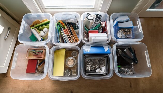 organizing supplies storage bin home office clear plastic container indoor overhead view
