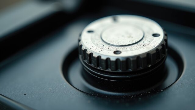 A close-up view of a metal knob on a stove