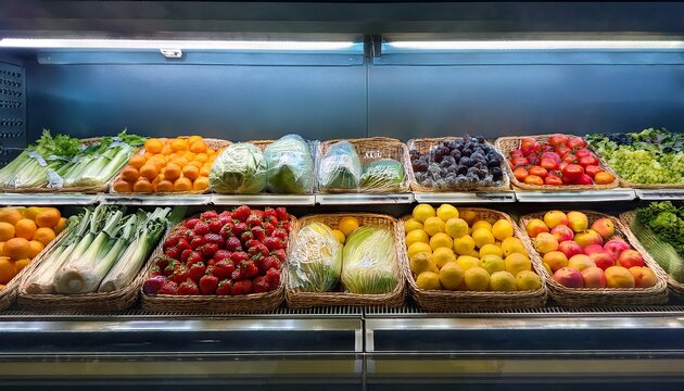 colorful display of fresh fruits and vegetables in a supermarket refrigerated shelf