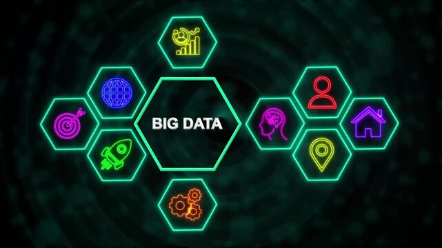Big Data Technology Network Concept with Neon Hexagon Icons, Digital Business Interface Background.4k video