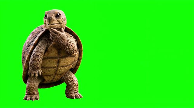 Realistic 3D turtle touching chin in a deep thinking and analyzing gesture, thoughtful problem solving and careful decision making business concept isolated on chroma key green screen background