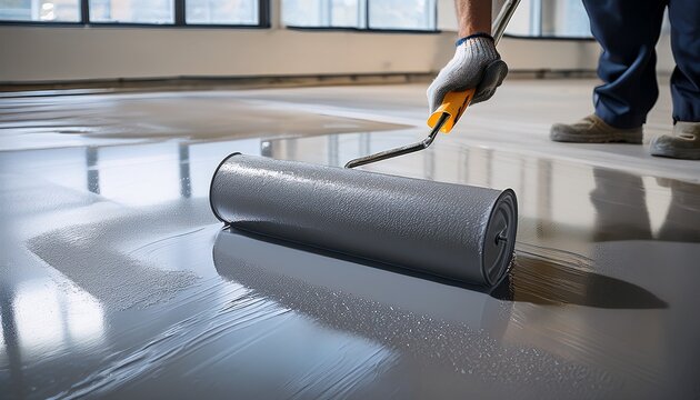 applying a grey epoxy coating to a floor with a paint roller creating a smooth shiny surface a practical and aesthetic renovation process