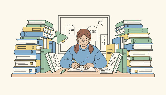 Stressed student feels overwhelmed by a massive pile of books while studying at a desk for difficult school exams.