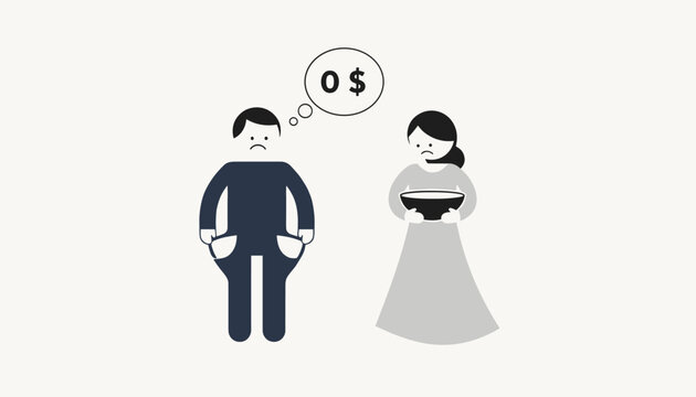 Impoverished couple feels sad while holding an empty bowl and showing empty pockets due to severe financial hardship.