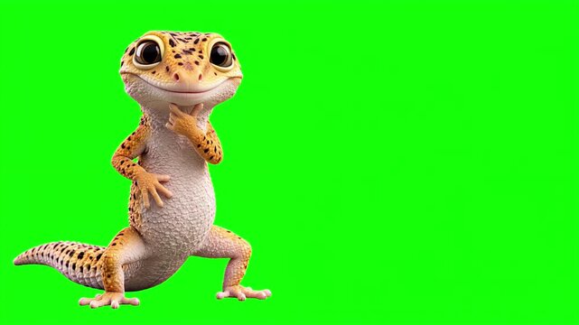Realistic 3D gecko touching chin in a deep thinking and analyzing gesture, thoughtful problem solving and careful decision making business concept isolated on chroma key green screen background