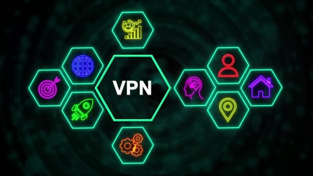 V P N Technology Network Concept with Neon Hexagon Icons, Digital Business Interface Background.4k video