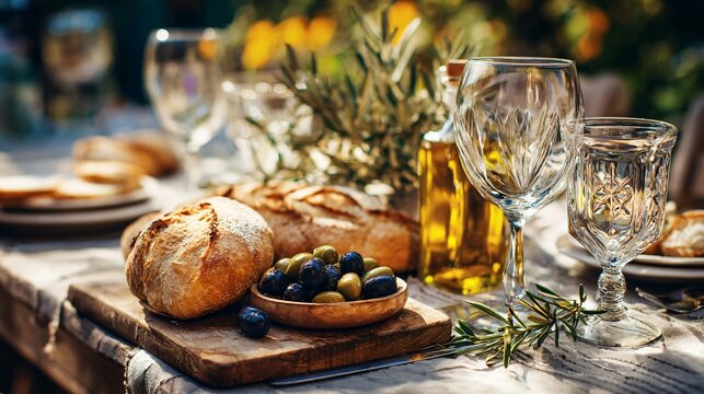 A lifestyle Mediterranean table scene with olives, bread, and wine glasses arranged naturally under daylight