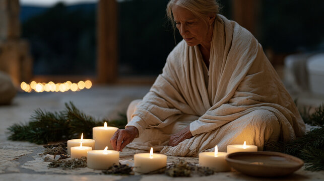 Solitary elder woman lighting a ring of thick pillar candles on a stone floor surrounded by pine boughs, dried herbs, and a clay bowl of water during an intimate winter solstice