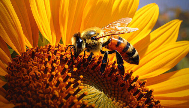 Bee foraging nectar on bright yellow sunflower