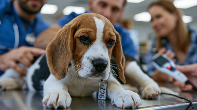 Veterinary technician steadies calm beagle puppy on stainless steel table during microchip implantation procedure, scanner wand nearby confirming chip registration, owner watching closely, clinical 