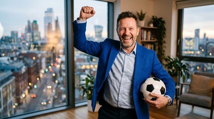 Plakat Excited middleaged businessman celebrating success holding a soccer ball in a modern office with city view