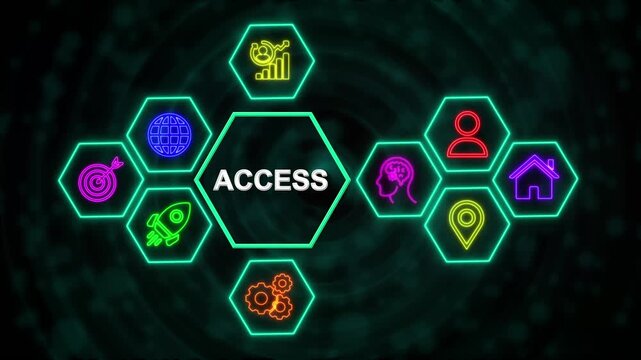 Access Technology Network Concept with Neon Hexagon Icons, Digital Business Interface Background.4k video