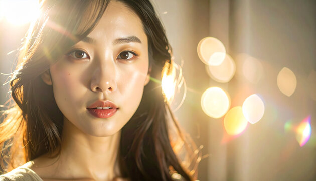 Portrait of asian woman with sun light