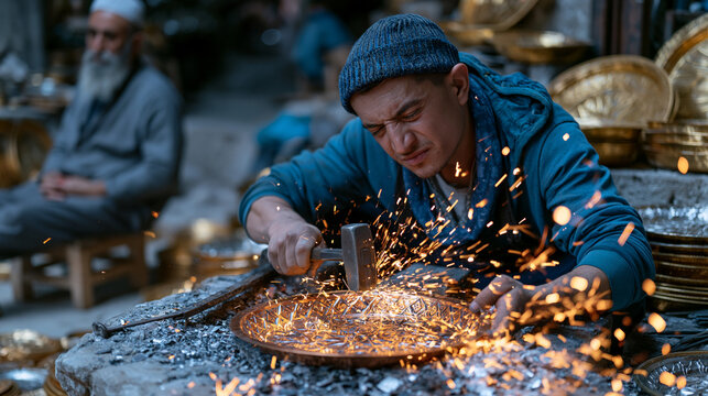 Apprentice silversmith in a crowded bazaar workshop hammers repeated geometric patterns into a copper tray, master craftsman watching from a wooden stool, sparks scattering across the stone floor, f