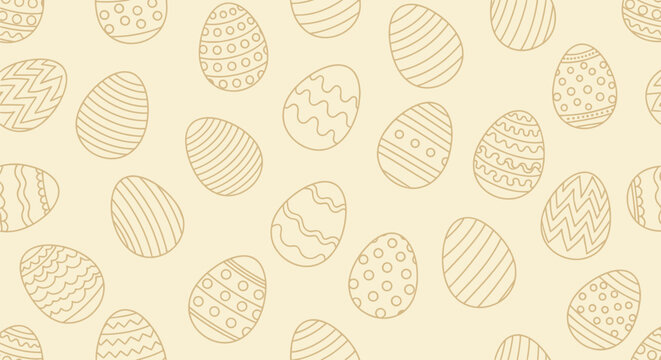 Simple outline easter eggs pattern with various decorative designs and stripes on beige background for holiday crafts and spring decorations.