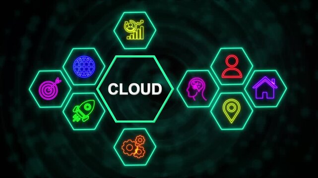 Cloud Technology Network Concept with Neon Hexagon Icons, Digital Business Interface Background.4k video