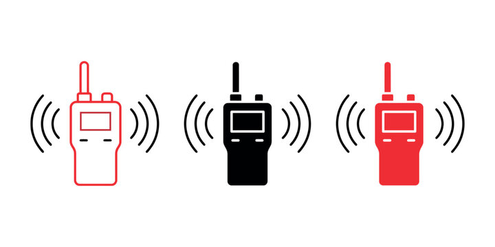 Three walkie talkie icons in red and black with transmission waves