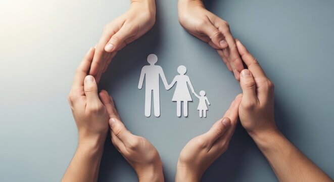 Family insurance protection concept with human hands forming a circle around paper cutouts, life security and health coverage for parents and child