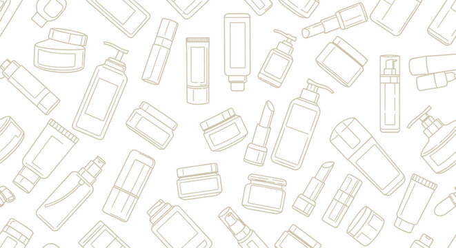 Cosmetic products seamless pattern with hand drawn bottles jars and makeup items for skincare beauty routine isolated on white background luxury design set.