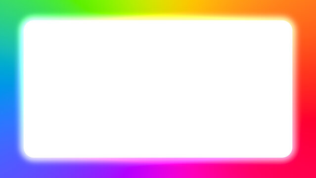 Abstract gradient neon rectangle frame isolated on transparent, vibrant rainbow color LED sign for design, multicolored laser light spectrum presentation, empty futuristic glowing line illustration