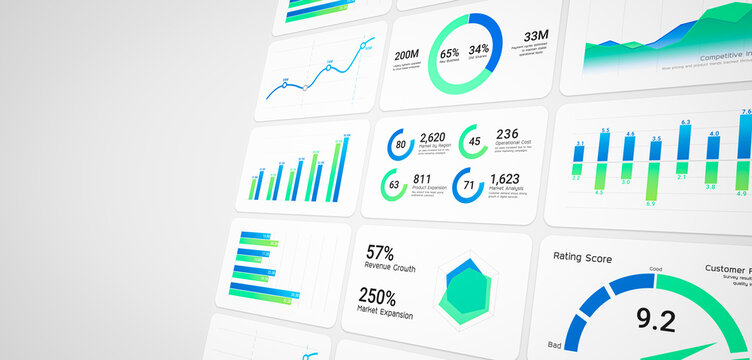 Blue infographic chart dashboard with copy space, Business intelligence and financial performance analysis report white background, market data statistics trend, investment analytic graph illustration