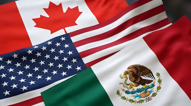 North american flags canada united states and mexico waving together close up view