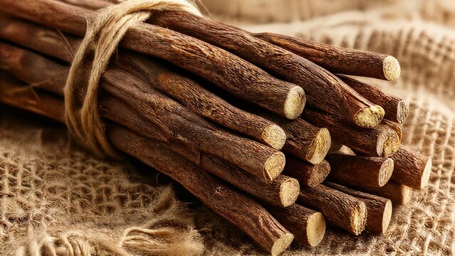 longitudinal. Bundle of dried licorice roots on burlap fabric, textural detail. gardening catalogs, home-decor guides, designed for gardening and botanical catalogs, used by art directors.