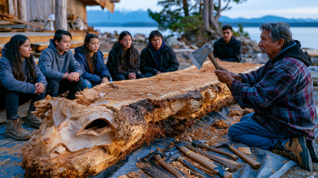 Indigenous master carver demonstrates adze technique to a circle of young adults on a cedar log outside a longhouse, sawdust on their boots, tools arranged on a tarp, mountains visible behind them, 