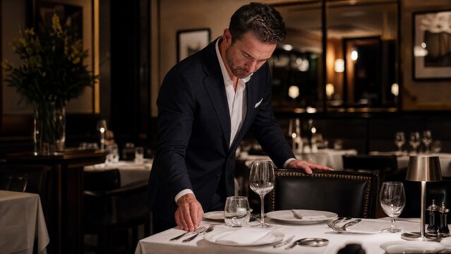 restaurateur. A restaurateur checking a set table in an empty dining room. pitch deck slides, case study pages, designed for corporate presentation decks and stakeholder reports.