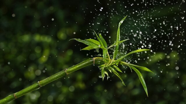 flinging. A flexible bamboo branch recoiling, flinging water droplets into the air. gardening catalogs, home-decor guides, designed for home decor and floral branding, used by procurement managers.