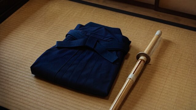 hakama. A neatly folded deep blue hakama and bamboo sword on tatami mat flooring. event programs, museum guides, designed for cultural heritage projects and event programs, supports education.