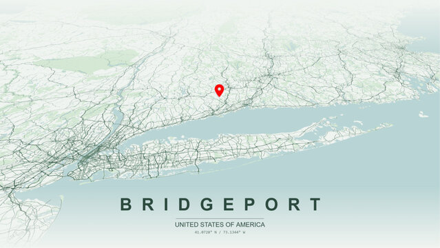 Modern minimalist vector map of Bridgeport, Connecticut, USA. High-quality scalable illustration of Bridgeport city grid, Pequonnock River waterfront axis , Merritt Parkway for posters design.