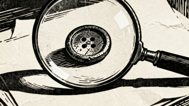 Magnifying glass inspecting lost button clue in detective illustration
