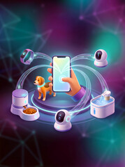 Fototapeta premium Smart Pet Care Concept Illustration with Smartphone Control