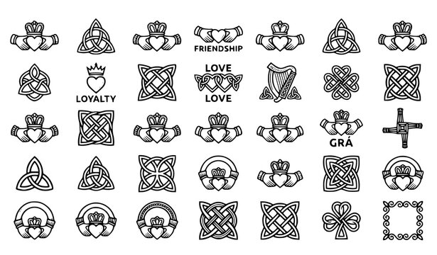 Claddagh symbols vector set with Irish love friendship loyalty icons