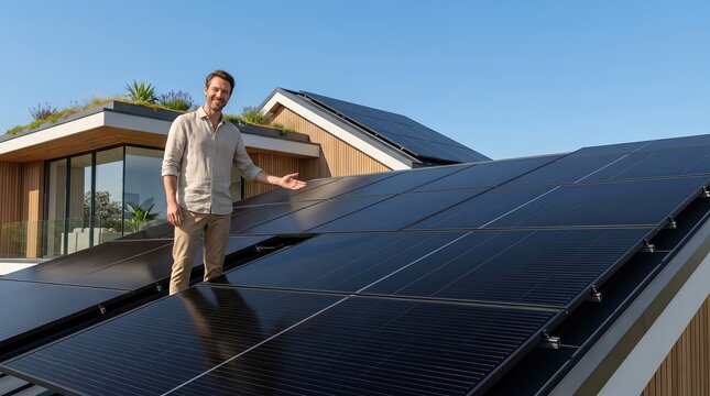 Proud Homeowner Pointing at Solar Panels on His Modern Roof