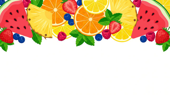Colorful Summer Fruit Border with Copy Space on White Background